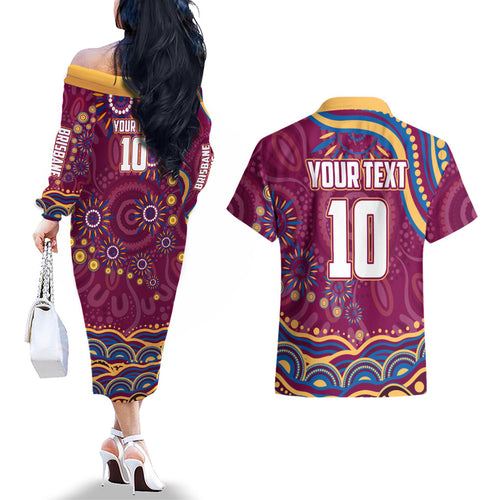 Personalized Brisbane Lions AFL Mascot Couples Matching Off The Shoulder Long Sleeve Dress and Hawaiian Shirt Aboriginal Dot Art - Dreamtime Football Mascot