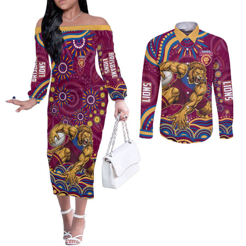 Personalized Brisbane Lions AFL Mascot Couples Matching Off The Shoulder Long Sleeve Dress and Long Sleeve Button Shirt Aboriginal Dot Art - Dreamtime Football Mascot