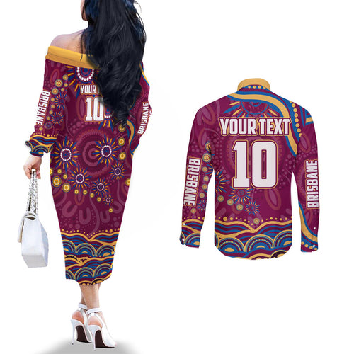 Personalized Brisbane Lions AFL Mascot Couples Matching Off The Shoulder Long Sleeve Dress and Long Sleeve Button Shirt Aboriginal Dot Art - Dreamtime Football Mascot