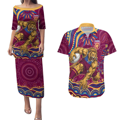 Personalized Brisbane Lions AFL Mascot Couples Matching Puletasi and Hawaiian Shirt Aboriginal Dot Art - Dreamtime Football Mascot