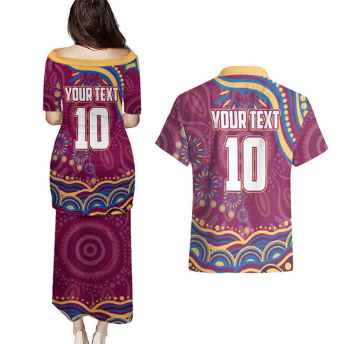 Personalized Brisbane Lions AFL Mascot Couples Matching Puletasi and Hawaiian Shirt Aboriginal Dot Art - Dreamtime Football Mascot