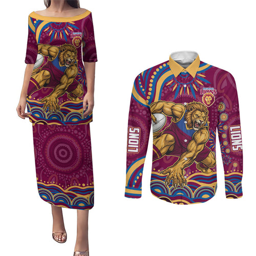 Personalized Brisbane Lions AFL Mascot Couples Matching Puletasi and Long Sleeve Button Shirt Aboriginal Dot Art - Dreamtime Football Mascot