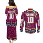 Personalized Brisbane Lions AFL Mascot Couples Matching Puletasi and Long Sleeve Button Shirt Aboriginal Dot Art - Dreamtime Football Mascot
