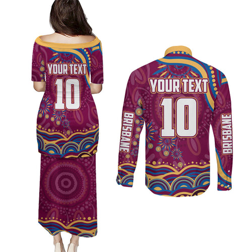 Personalized Brisbane Lions AFL Mascot Couples Matching Puletasi and Long Sleeve Button Shirt Aboriginal Dot Art - Dreamtime Football Mascot