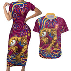 Personalized Brisbane Lions AFL Mascot Couples Matching Short Sleeve Bodycon Dress and Hawaiian Shirt Aboriginal Dot Art - Dreamtime Football Mascot