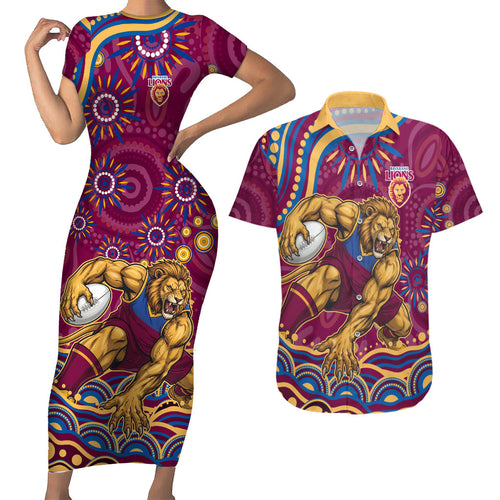 Personalized Brisbane Lions AFL Mascot Couples Matching Short Sleeve Bodycon Dress and Hawaiian Shirt Aboriginal Dot Art - Dreamtime Football Mascot