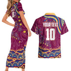 Personalized Brisbane Lions AFL Mascot Couples Matching Short Sleeve Bodycon Dress and Hawaiian Shirt Aboriginal Dot Art - Dreamtime Football Mascot