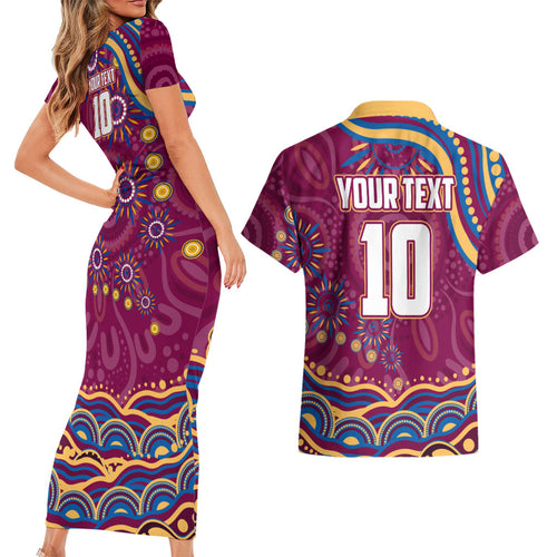 Personalized Brisbane Lions AFL Mascot Couples Matching Short Sleeve Bodycon Dress and Hawaiian Shirt Aboriginal Dot Art - Dreamtime Football Mascot