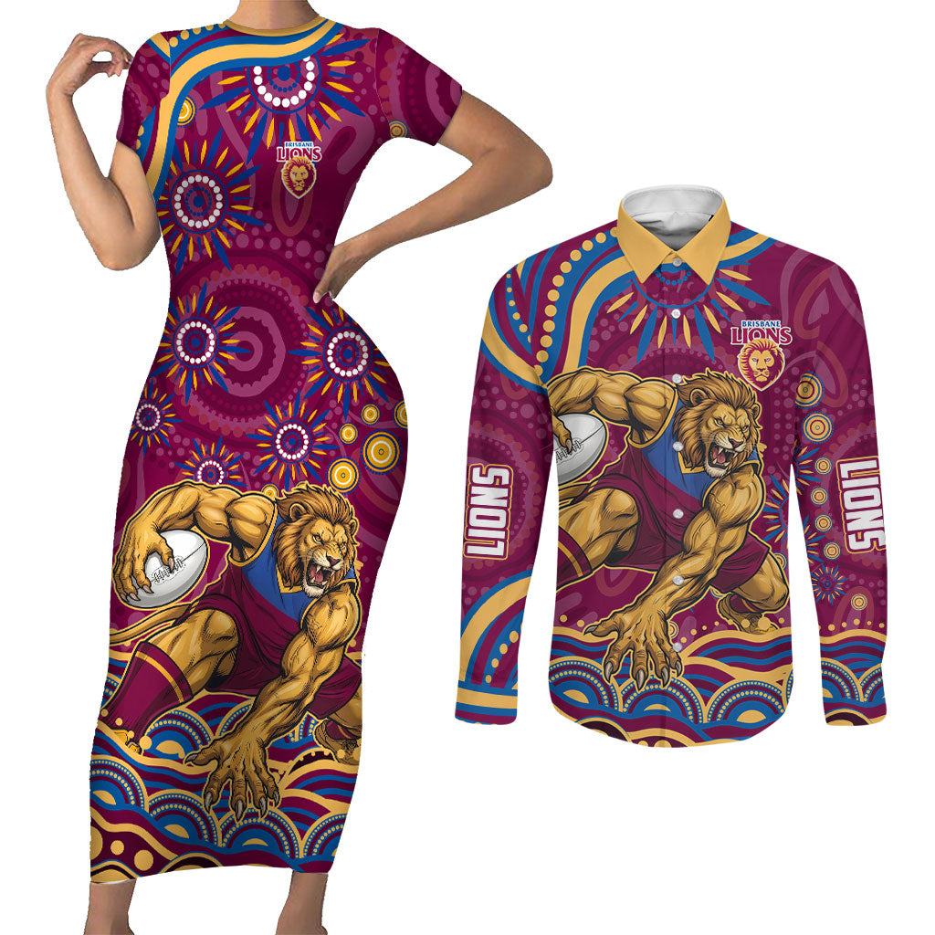 Personalized Brisbane Lions AFL Mascot Couples Matching Short Sleeve Bodycon Dress and Long Sleeve Button Shirt Aboriginal Dot Art - Dreamtime Football Mascot