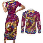 Personalized Brisbane Lions AFL Mascot Couples Matching Short Sleeve Bodycon Dress and Long Sleeve Button Shirt Aboriginal Dot Art - Dreamtime Football Mascot