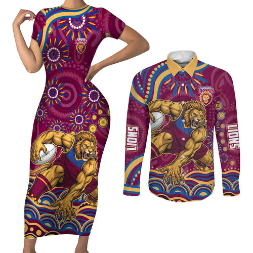 Personalized Brisbane Lions AFL Mascot Couples Matching Short Sleeve Bodycon Dress and Long Sleeve Button Shirt Aboriginal Dot Art - Dreamtime Football Mascot