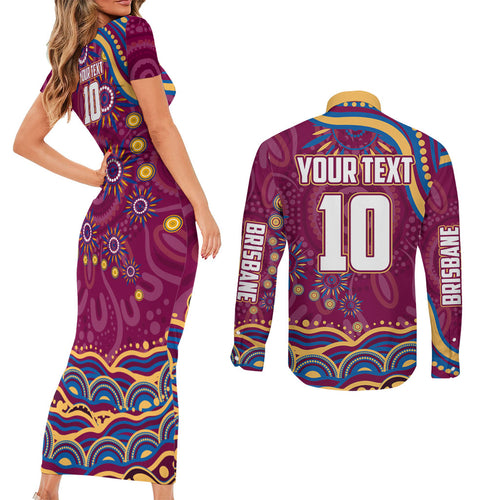 Personalized Brisbane Lions AFL Mascot Couples Matching Short Sleeve Bodycon Dress and Long Sleeve Button Shirt Aboriginal Dot Art - Dreamtime Football Mascot