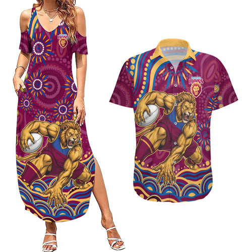 Personalized Brisbane Lions AFL Mascot Couples Matching Summer Maxi Dress and Hawaiian Shirt Aboriginal Dot Art - Dreamtime Football Mascot