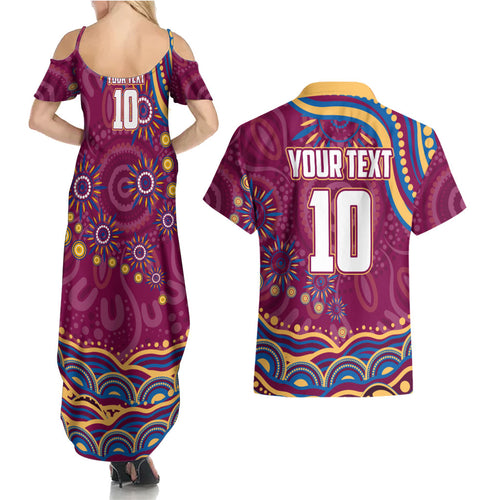 Personalized Brisbane Lions AFL Mascot Couples Matching Summer Maxi Dress and Hawaiian Shirt Aboriginal Dot Art - Dreamtime Football Mascot