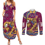 Personalized Brisbane Lions AFL Mascot Couples Matching Summer Maxi Dress and Long Sleeve Button Shirt Aboriginal Dot Art - Dreamtime Football Mascot