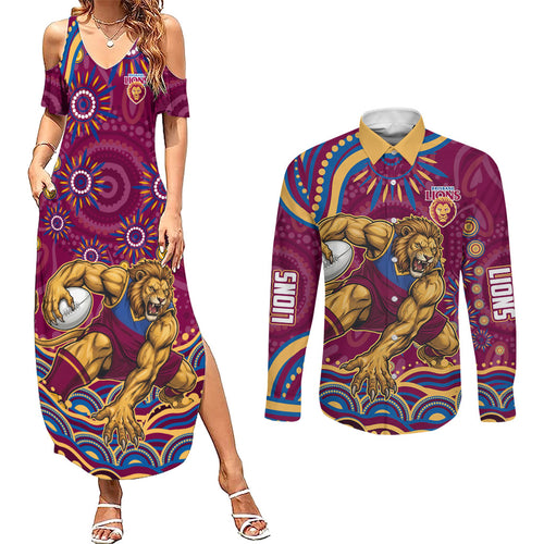 Personalized Brisbane Lions AFL Mascot Couples Matching Summer Maxi Dress and Long Sleeve Button Shirt Aboriginal Dot Art - Dreamtime Football Mascot