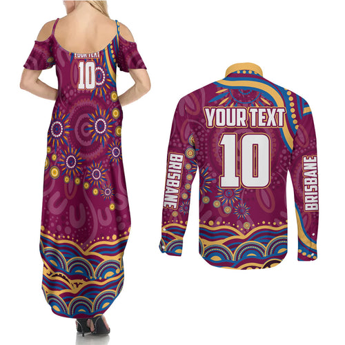 Personalized Brisbane Lions AFL Mascot Couples Matching Summer Maxi Dress and Long Sleeve Button Shirt Aboriginal Dot Art - Dreamtime Football Mascot