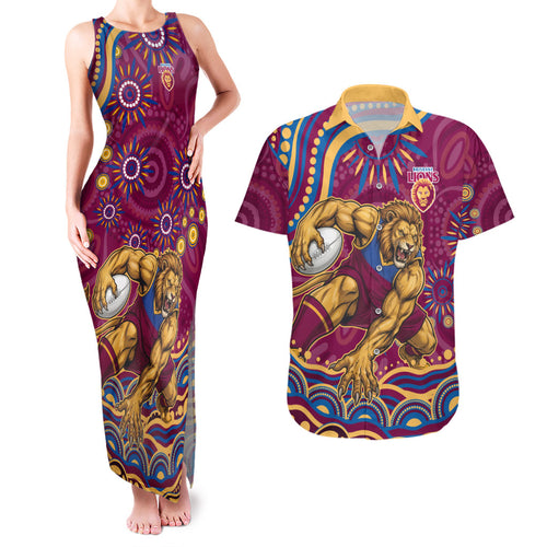 Personalized Brisbane Lions AFL Mascot Couples Matching Tank Maxi Dress and Hawaiian Shirt Aboriginal Dot Art - Dreamtime Football Mascot