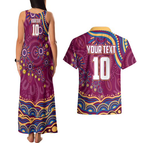 Personalized Brisbane Lions AFL Mascot Couples Matching Tank Maxi Dress and Hawaiian Shirt Aboriginal Dot Art - Dreamtime Football Mascot