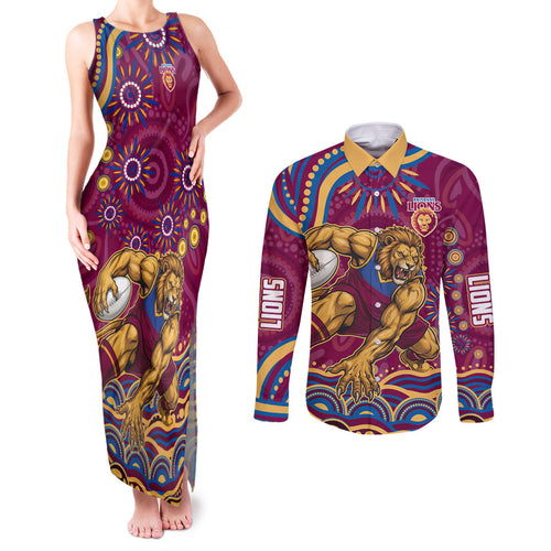 Personalized Brisbane Lions AFL Mascot Couples Matching Tank Maxi Dress and Long Sleeve Button Shirt Aboriginal Dot Art - Dreamtime Football Mascot