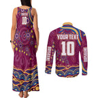 Personalized Brisbane Lions AFL Mascot Couples Matching Tank Maxi Dress and Long Sleeve Button Shirt Aboriginal Dot Art - Dreamtime Football Mascot