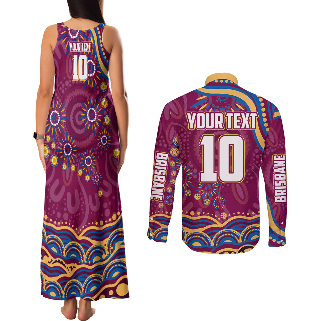 Personalized Brisbane Lions AFL Mascot Couples Matching Tank Maxi Dress and Long Sleeve Button Shirt Aboriginal Dot Art - Dreamtime Football Mascot