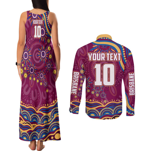 Personalized Brisbane Lions AFL Mascot Couples Matching Tank Maxi Dress and Long Sleeve Button Shirt Aboriginal Dot Art - Dreamtime Football Mascot