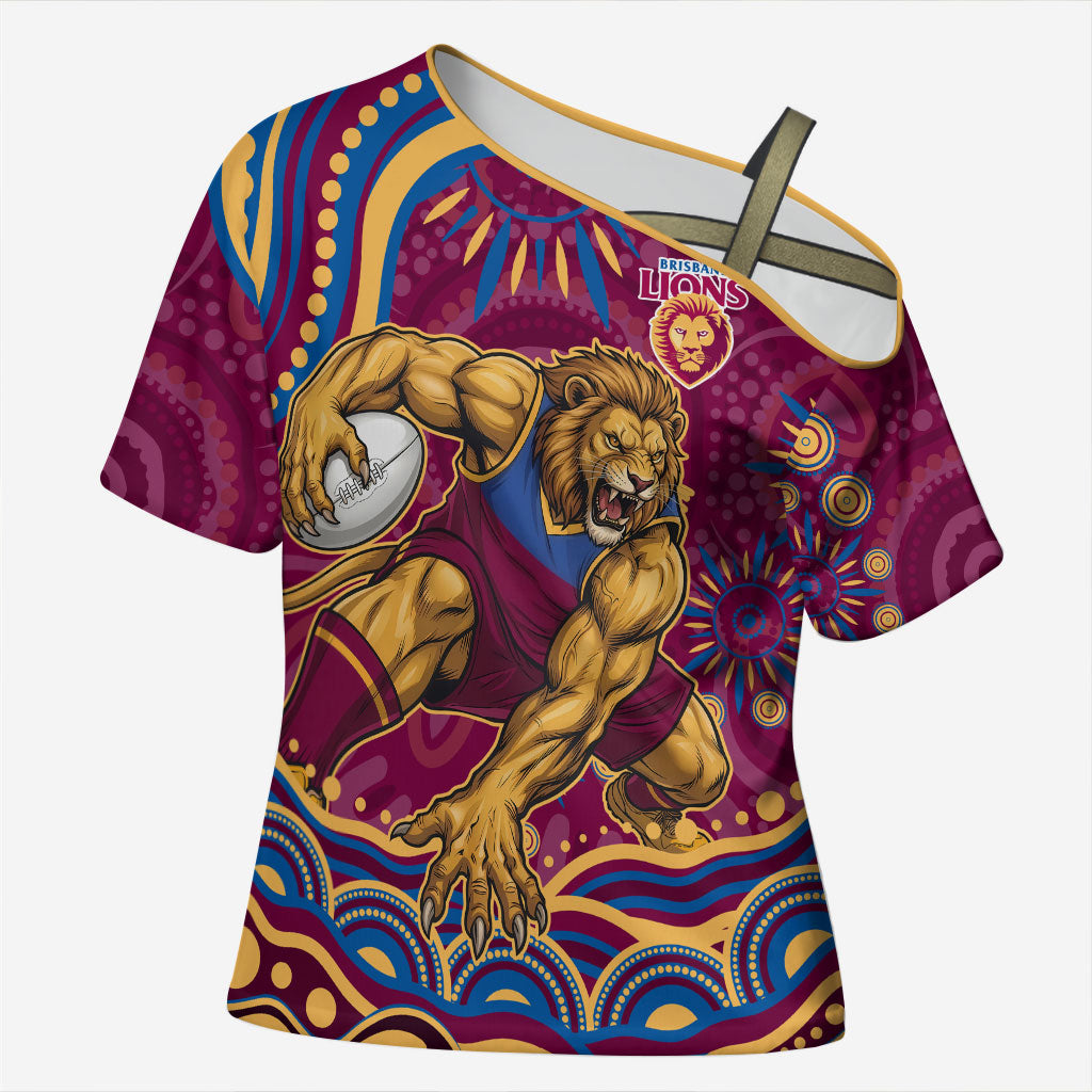 Personalized Brisbane Lions AFL Mascot Cross Shoulder Shirt Aboriginal Dot Art - Dreamtime Football Mascot