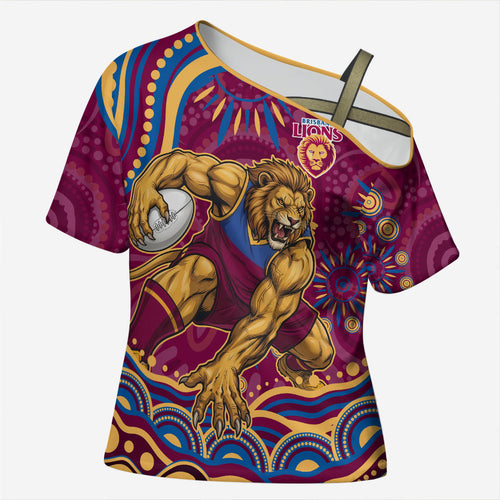 Personalized Brisbane Lions AFL Mascot Cross Shoulder Shirt Aboriginal Dot Art - Dreamtime Football Mascot
