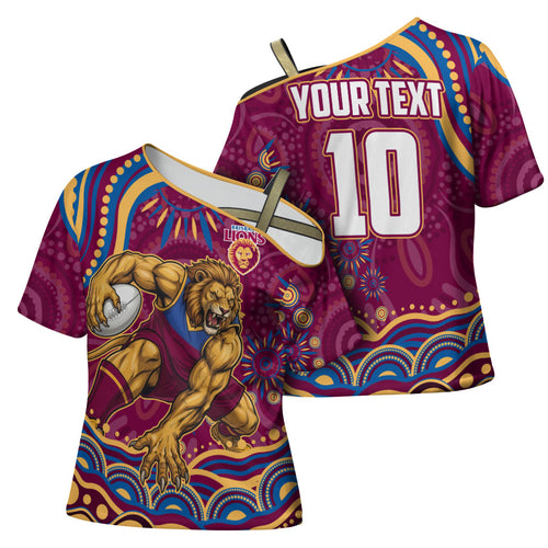 Personalized Brisbane Lions AFL Mascot Cross Shoulder Shirt Aboriginal Dot Art - Dreamtime Football Mascot