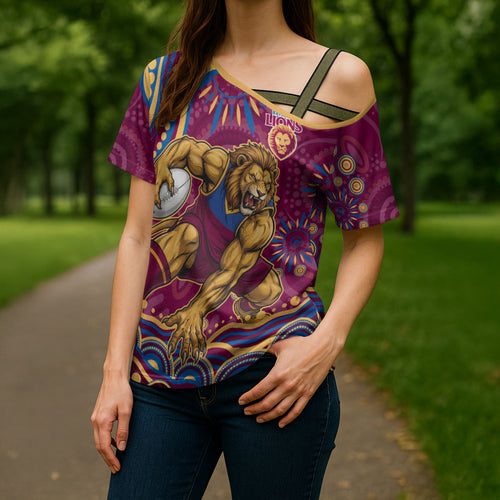 Personalized Brisbane Lions AFL Mascot Cross Shoulder Shirt Aboriginal Dot Art - Dreamtime Football Mascot
