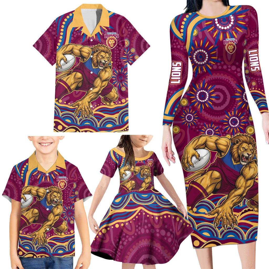 Personalized Brisbane Lions AFL Mascot Family Matching Long Sleeve Bodycon Dress and Hawaiian Shirt Aboriginal Dot Art - Dreamtime Football Mascot