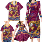 Personalized Brisbane Lions AFL Mascot Family Matching Long Sleeve Bodycon Dress and Hawaiian Shirt Aboriginal Dot Art - Dreamtime Football Mascot
