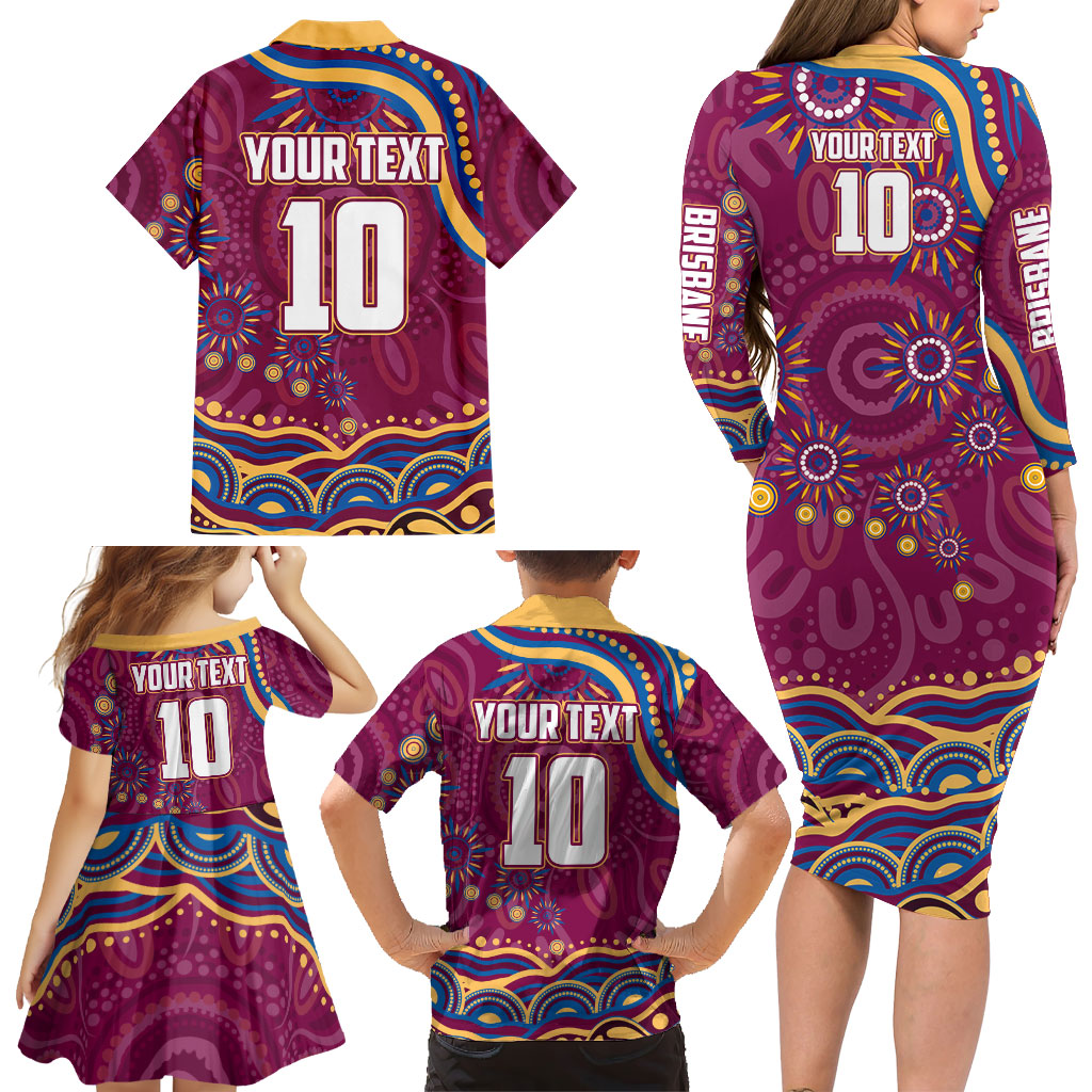 Personalized Brisbane Lions AFL Mascot Family Matching Long Sleeve Bodycon Dress and Hawaiian Shirt Aboriginal Dot Art - Dreamtime Football Mascot