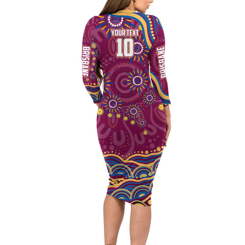 Personalized Brisbane Lions AFL Mascot Family Matching Long Sleeve Bodycon Dress and Hawaiian Shirt Aboriginal Dot Art - Dreamtime Football Mascot