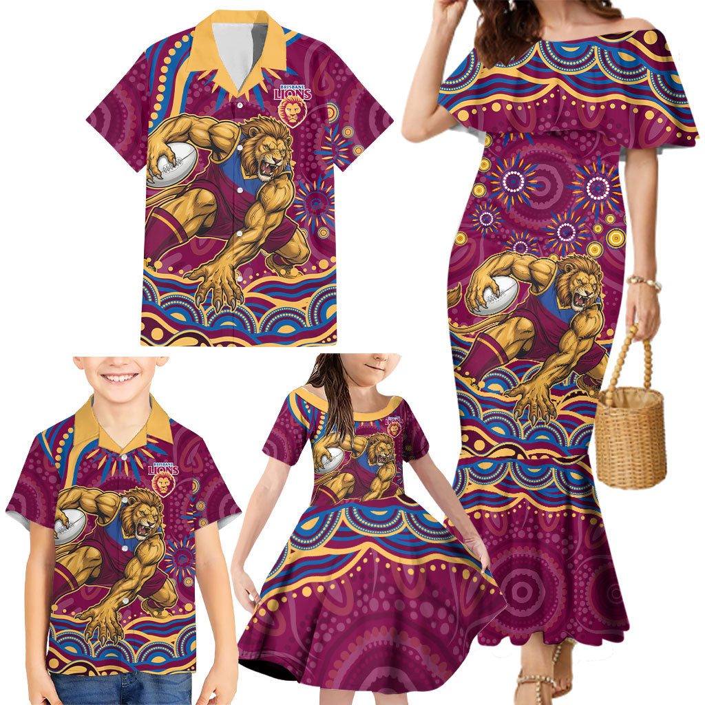 Personalized Brisbane Lions AFL Mascot Family Matching Mermaid Dress and Hawaiian Shirt Aboriginal Dot Art - Dreamtime Football Mascot