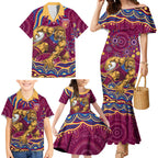 Personalized Brisbane Lions AFL Mascot Family Matching Mermaid Dress and Hawaiian Shirt Aboriginal Dot Art - Dreamtime Football Mascot