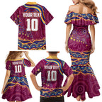 Personalized Brisbane Lions AFL Mascot Family Matching Mermaid Dress and Hawaiian Shirt Aboriginal Dot Art - Dreamtime Football Mascot
