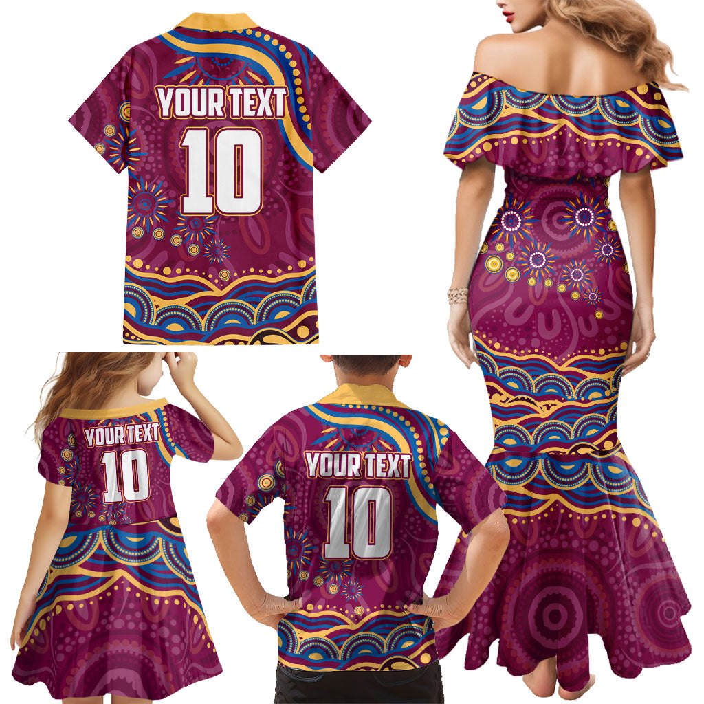 Personalized Brisbane Lions AFL Mascot Family Matching Mermaid Dress and Hawaiian Shirt Aboriginal Dot Art - Dreamtime Football Mascot