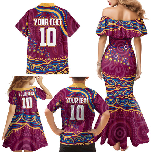 Personalized Brisbane Lions AFL Mascot Family Matching Mermaid Dress and Hawaiian Shirt Aboriginal Dot Art - Dreamtime Football Mascot