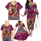 Personalized Brisbane Lions AFL Mascot Family Matching Off The Shoulder Long Sleeve Dress and Hawaiian Shirt Aboriginal Dot Art - Dreamtime Football Mascot