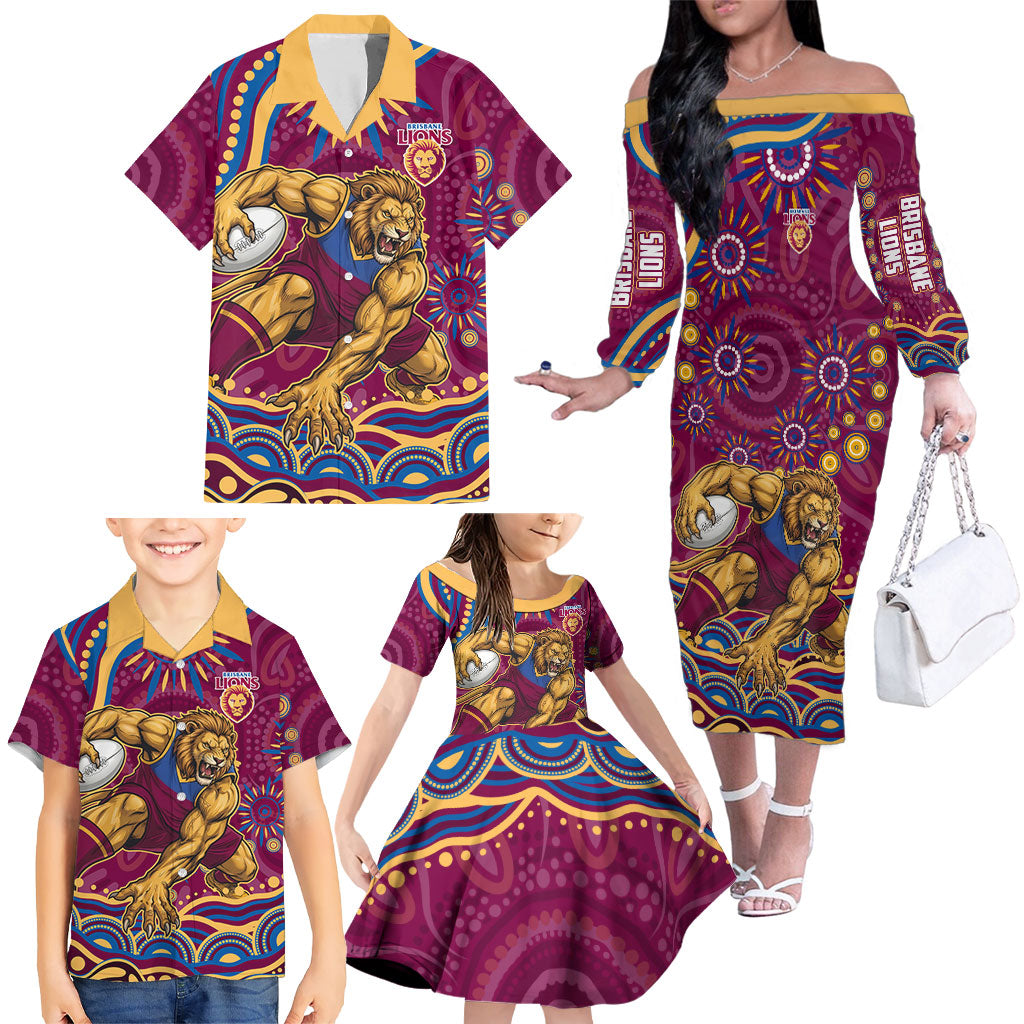 Personalized Brisbane Lions AFL Mascot Family Matching Off The Shoulder Long Sleeve Dress and Hawaiian Shirt Aboriginal Dot Art - Dreamtime Football Mascot