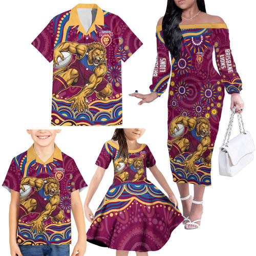 Personalized Brisbane Lions AFL Mascot Family Matching Off The Shoulder Long Sleeve Dress and Hawaiian Shirt Aboriginal Dot Art - Dreamtime Football Mascot