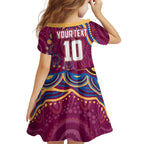Personalized Brisbane Lions AFL Mascot Family Matching Off The Shoulder Long Sleeve Dress and Hawaiian Shirt Aboriginal Dot Art - Dreamtime Football Mascot