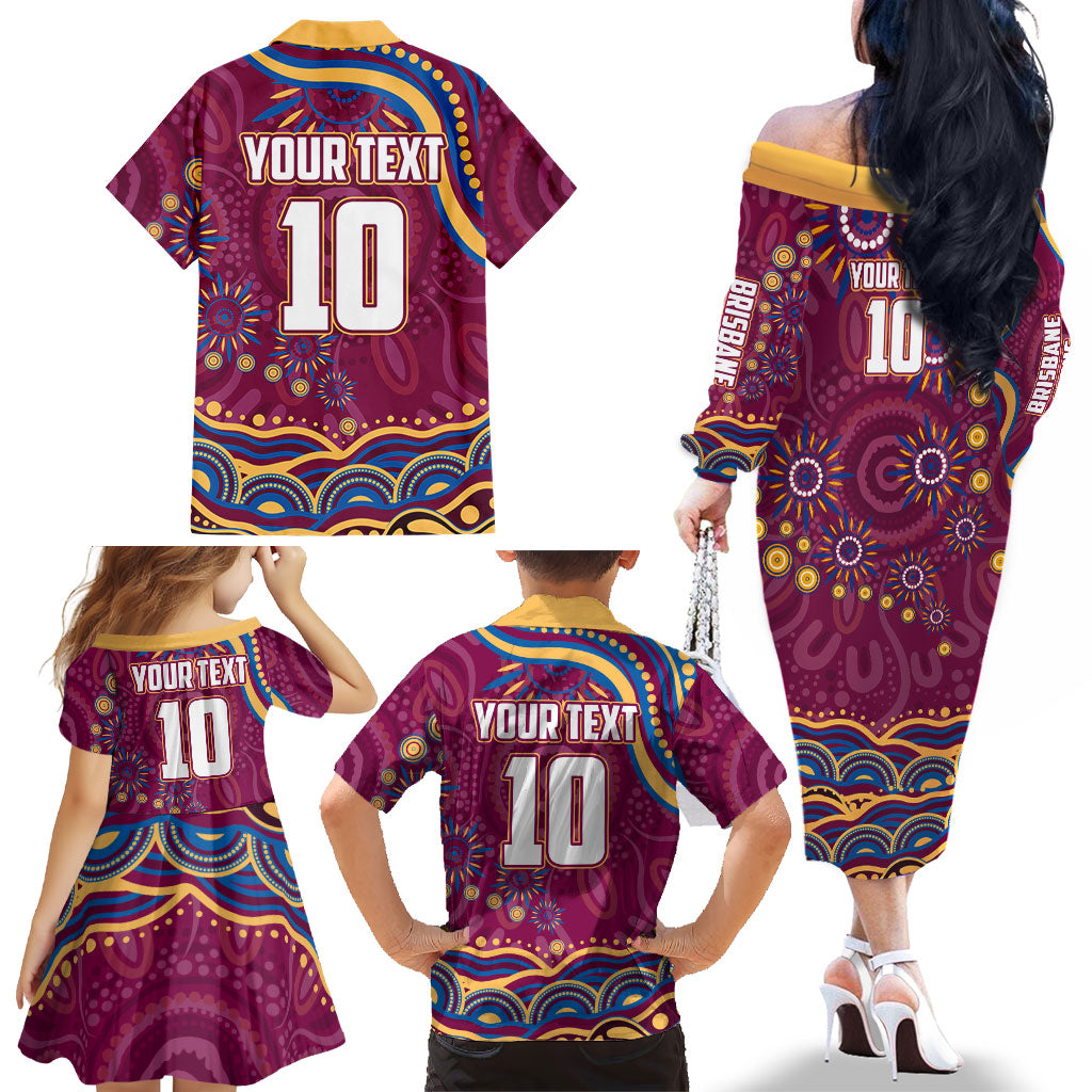Personalized Brisbane Lions AFL Mascot Family Matching Off The Shoulder Long Sleeve Dress and Hawaiian Shirt Aboriginal Dot Art - Dreamtime Football Mascot