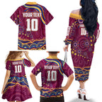 Personalized Brisbane Lions AFL Mascot Family Matching Off The Shoulder Long Sleeve Dress and Hawaiian Shirt Aboriginal Dot Art - Dreamtime Football Mascot