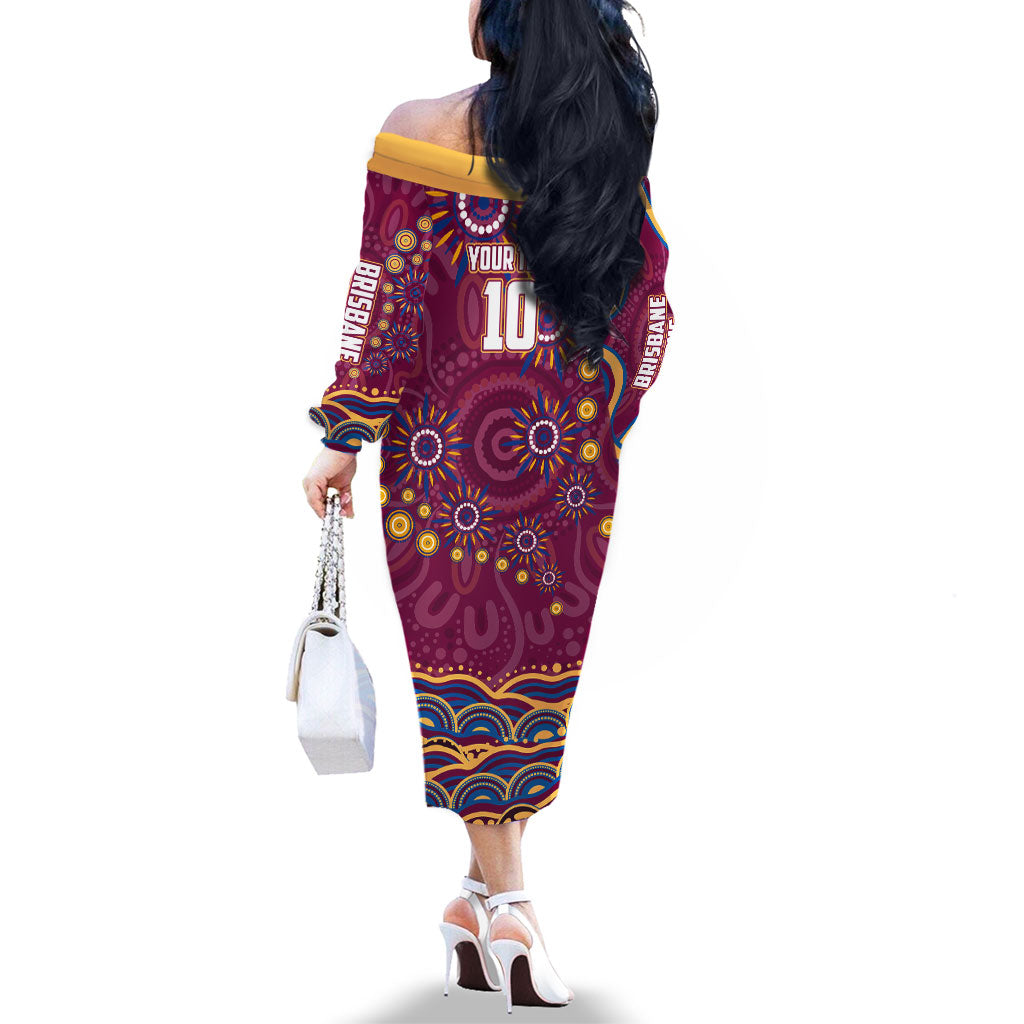 Personalized Brisbane Lions AFL Mascot Family Matching Off The Shoulder Long Sleeve Dress and Hawaiian Shirt Aboriginal Dot Art - Dreamtime Football Mascot