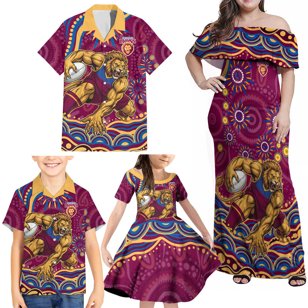 Personalized Brisbane Lions AFL Mascot Family Matching Off Shoulder Maxi Dress and Hawaiian Shirt Aboriginal Dot Art - Dreamtime Football Mascot