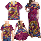Personalized Brisbane Lions AFL Mascot Family Matching Off Shoulder Maxi Dress and Hawaiian Shirt Aboriginal Dot Art - Dreamtime Football Mascot