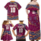 Personalized Brisbane Lions AFL Mascot Family Matching Off Shoulder Maxi Dress and Hawaiian Shirt Aboriginal Dot Art - Dreamtime Football Mascot